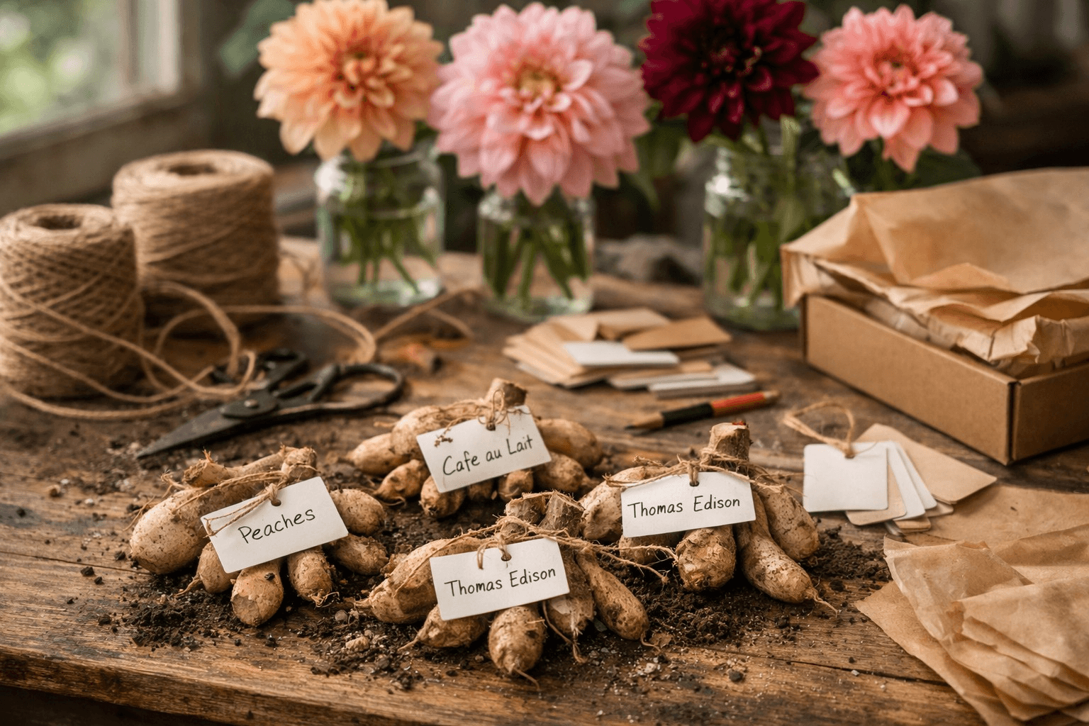 Freshly divided dahlia tubers with visible eyes neatly labeled on a wooden table in natural light