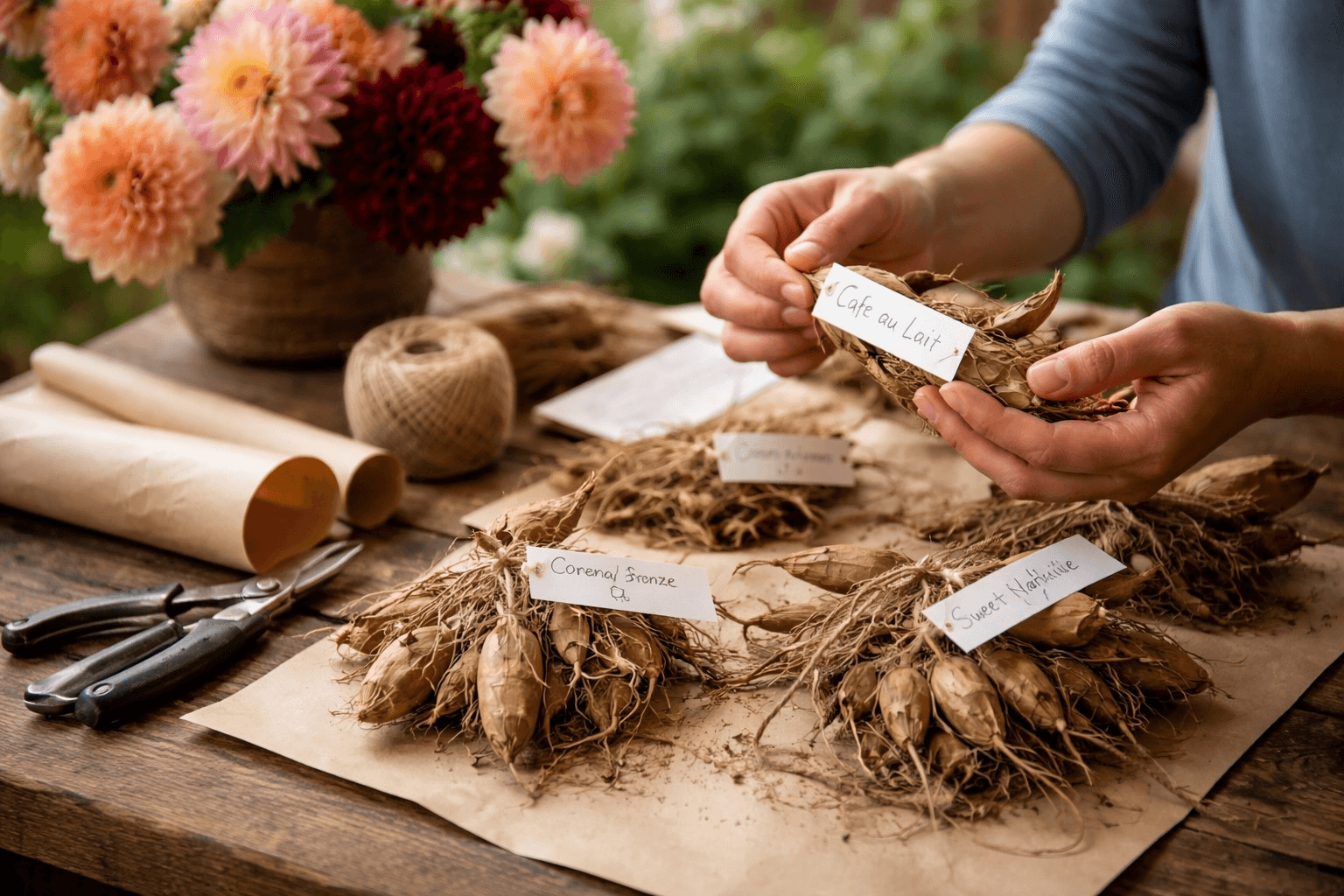 Carefully labeled dahlia tubers arranged by a small grower beside fresh blooms in soft natural light.