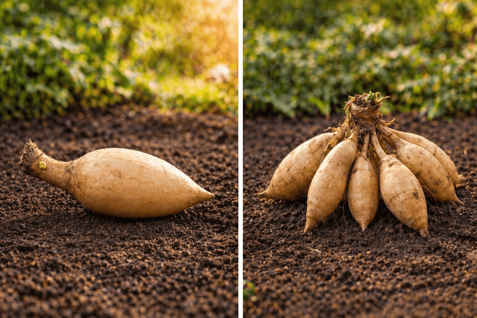 A carefully labeled single dahlia tuber beside a larger dahlia clump on a worktable in soft natural light.