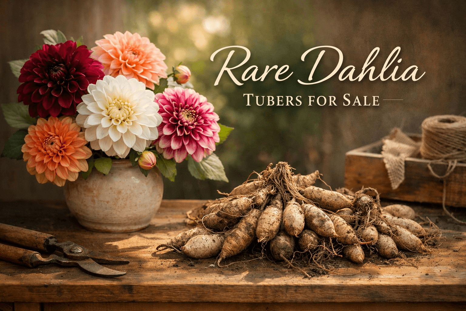 A hobby dahlia grower in a lush garden during soft morning light, surrounded by distinctive blooms and carefully tended flower rows, conveying rarity and thoughtful seasonal growing.