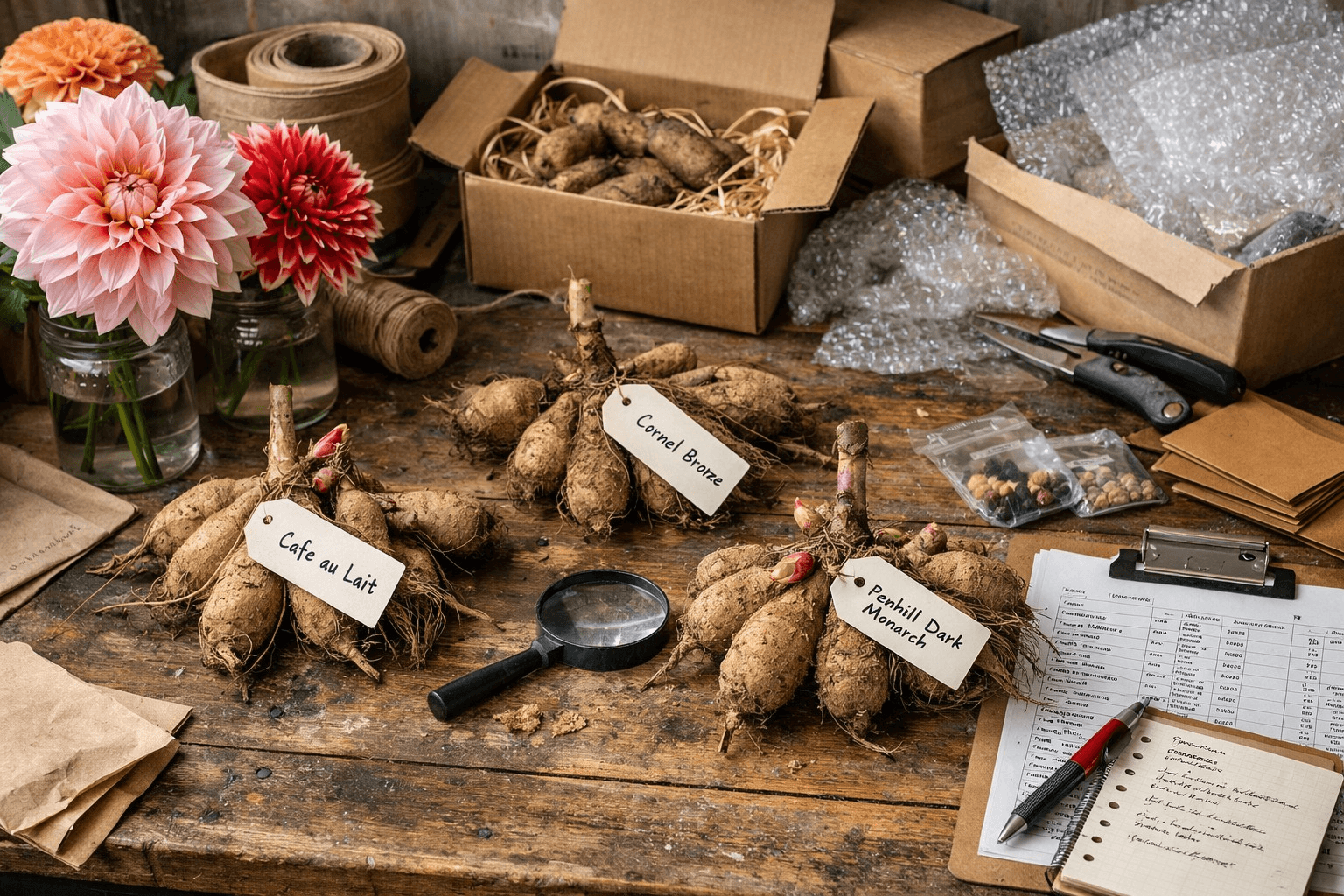 Landscape editorial scene of a hobby dahlia grower at a greenhouse threshold organizing variety trays, labeled inventory, fresh stems, and a laptop to prepare marketplace listings.