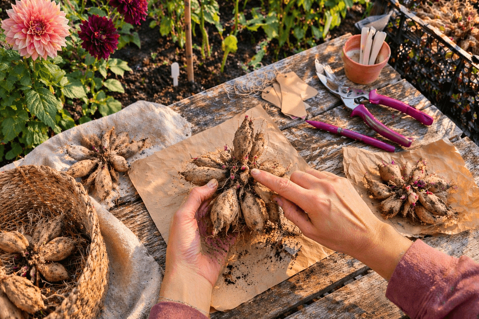 Close-up landscape image of a dahlia tuber crown with a clearly visible viable eye highlighted by natural light for inspection.