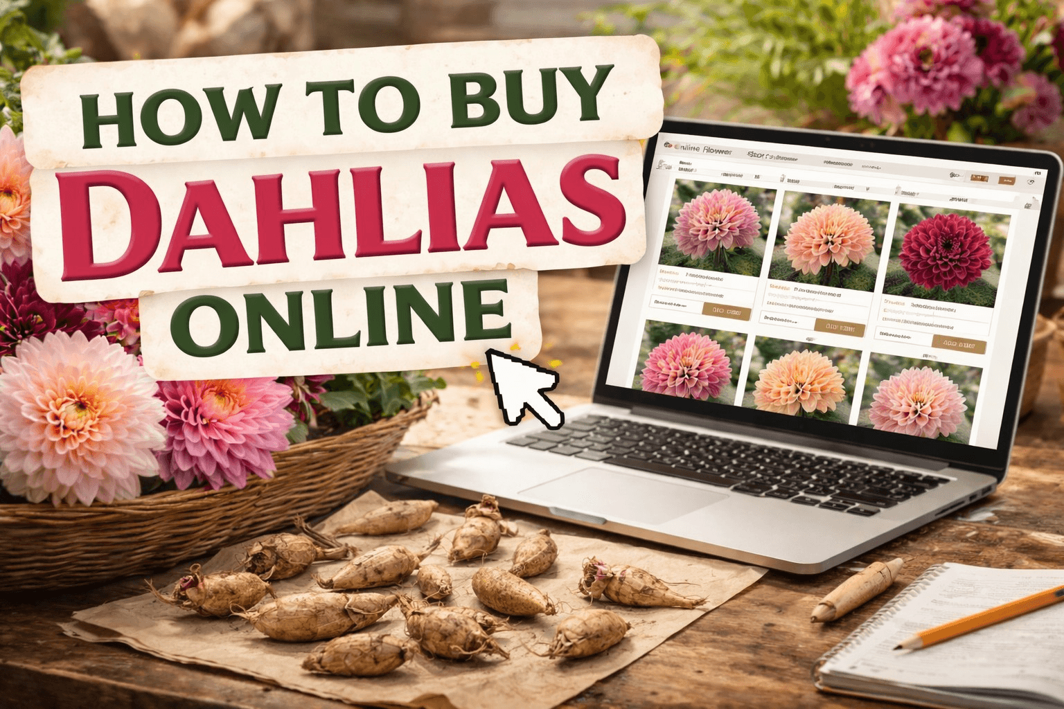 Buyer inspecting labeled dahlia tubers with visible eyes on a greenhouse workbench comparing quality and tags