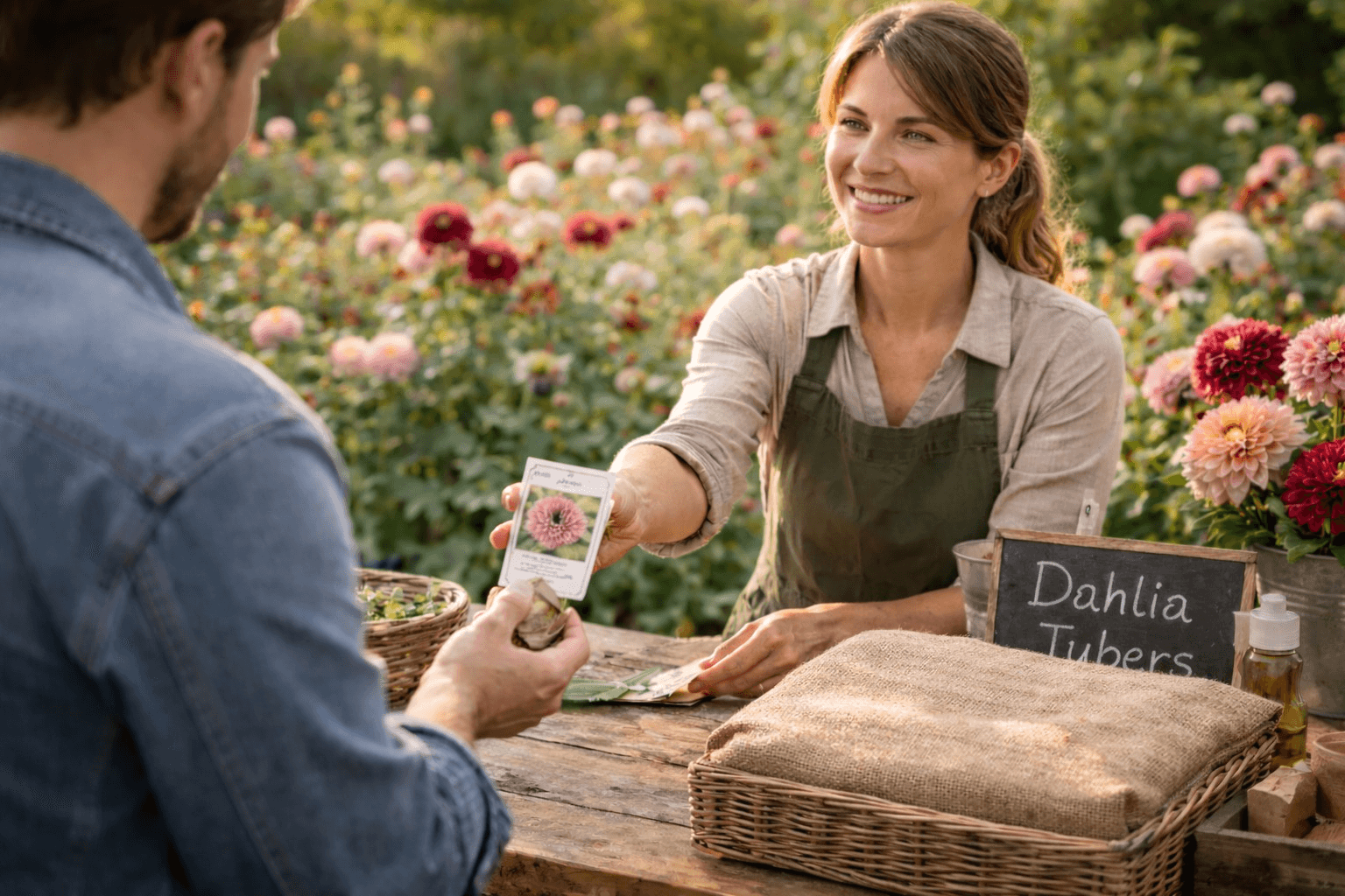 Landscape scene of a buyer reviewing multiple dahlia tuber listings on a laptop with labeled tubers and notes nearby, focusing on comparison and trust.