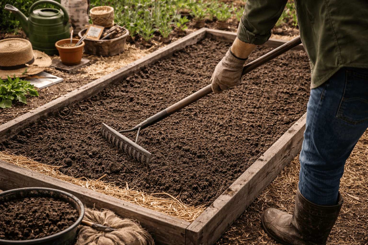 Seasonal dahlia tuber dividing and labeling setup on a rustic outdoor workbench with clumps, tags, and soil textures