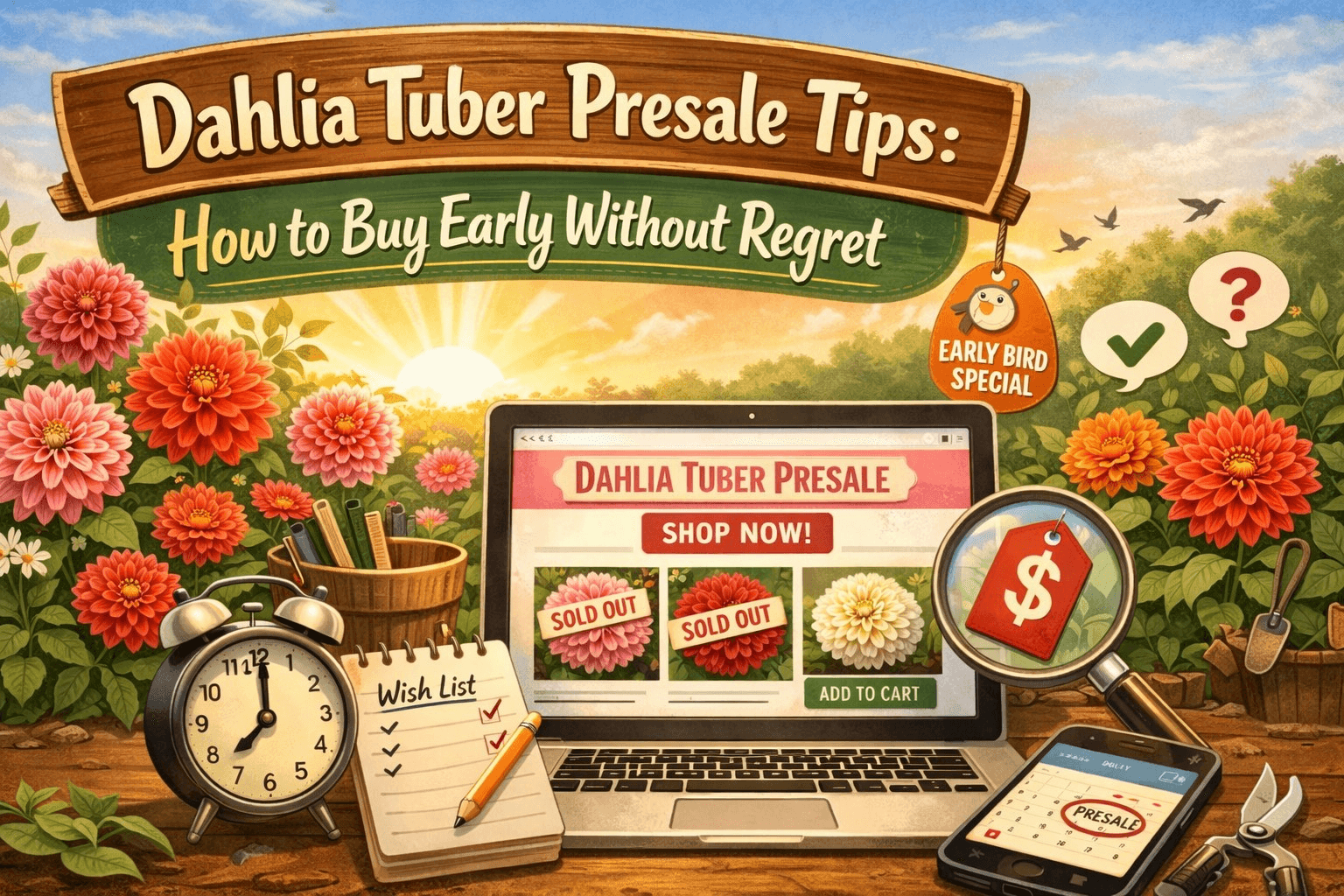 Buyer comparing dahlia tuber presale listings with notebook and labeled tubers