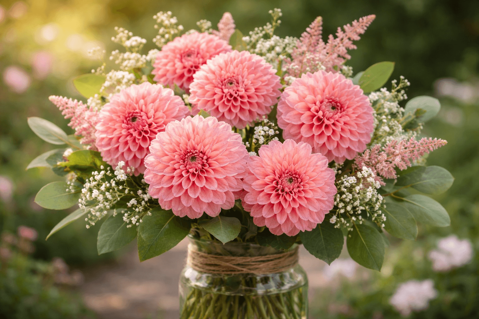 Rows of ball and decorative dahlias in a working cut flower field with labeled stakes and harvest-ready stems