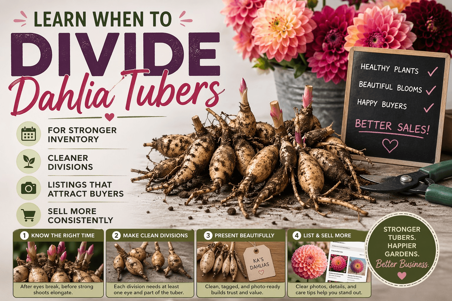 Close-up of a dahlia tuber clump being divided with visible eyes and labeled sections for sale